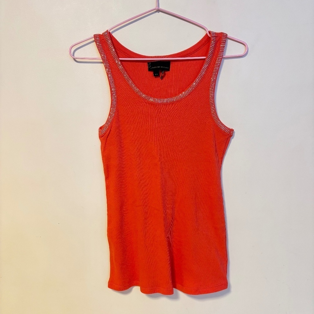I Jeans by Buffalo Y2K Rhinestone Collar Trim Ribbed Tank Top Orange Womens M